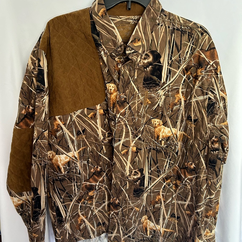 Men's Brown Camouflage Hunting Shirt Jacket with Dog Print